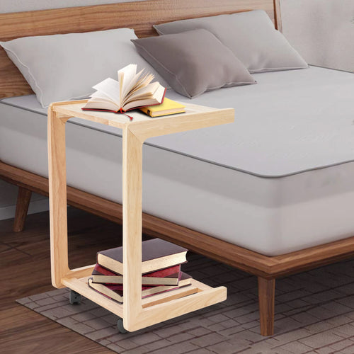 C-Shaped End Table, Small Side Table with Wheels & Storage Shelf, 33 lbs Capacity Mobile Sofa Desk for Laptop Coffee
