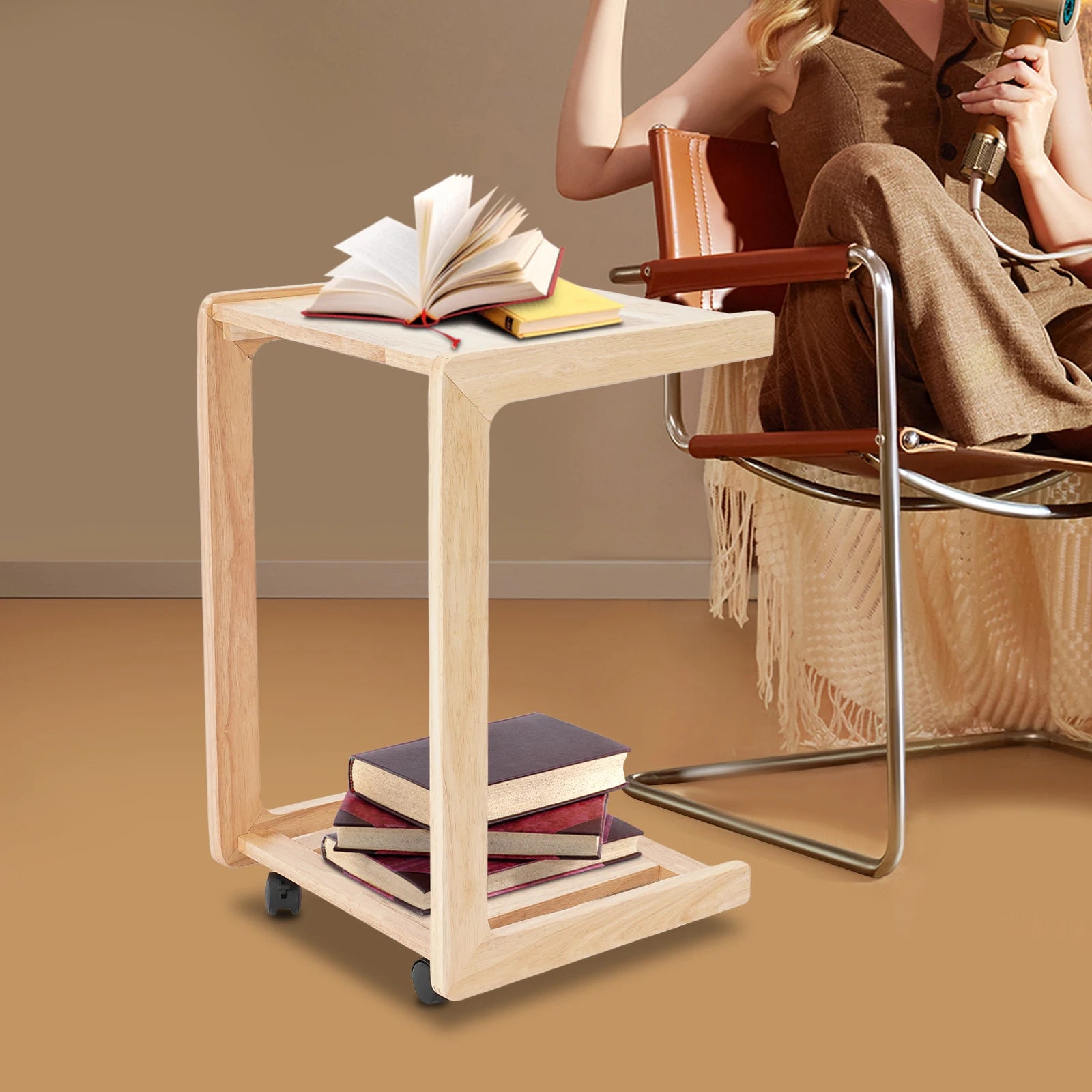 C-Shaped End Table, Small Side Table with Wheels & Storage Shelf, 33 lbs Capacity Mobile Sofa Desk for Laptop Coffee